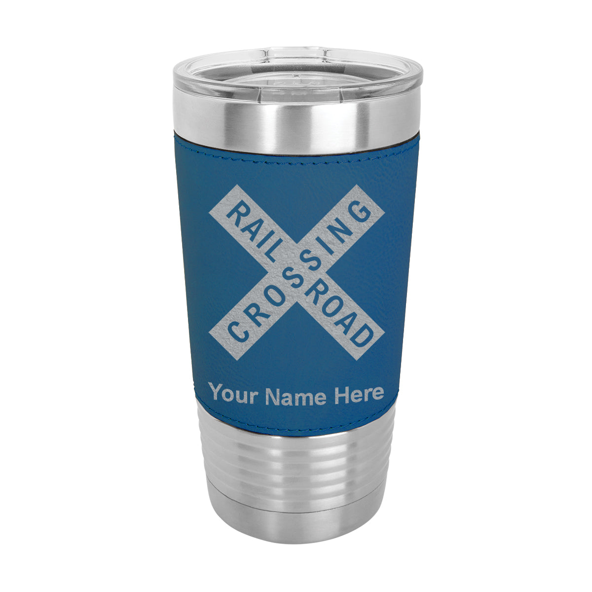 20oz Faux Leather Tumbler Mug, Railroad Crossing Sign 1, Personalized Engraving Included - LaserGram Custom Engraved Gifts