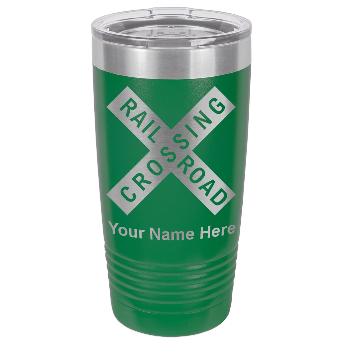 20oz Vacuum Insulated Tumbler Mug, Railroad Crossing Sign 1, Personalized Engraving Included
