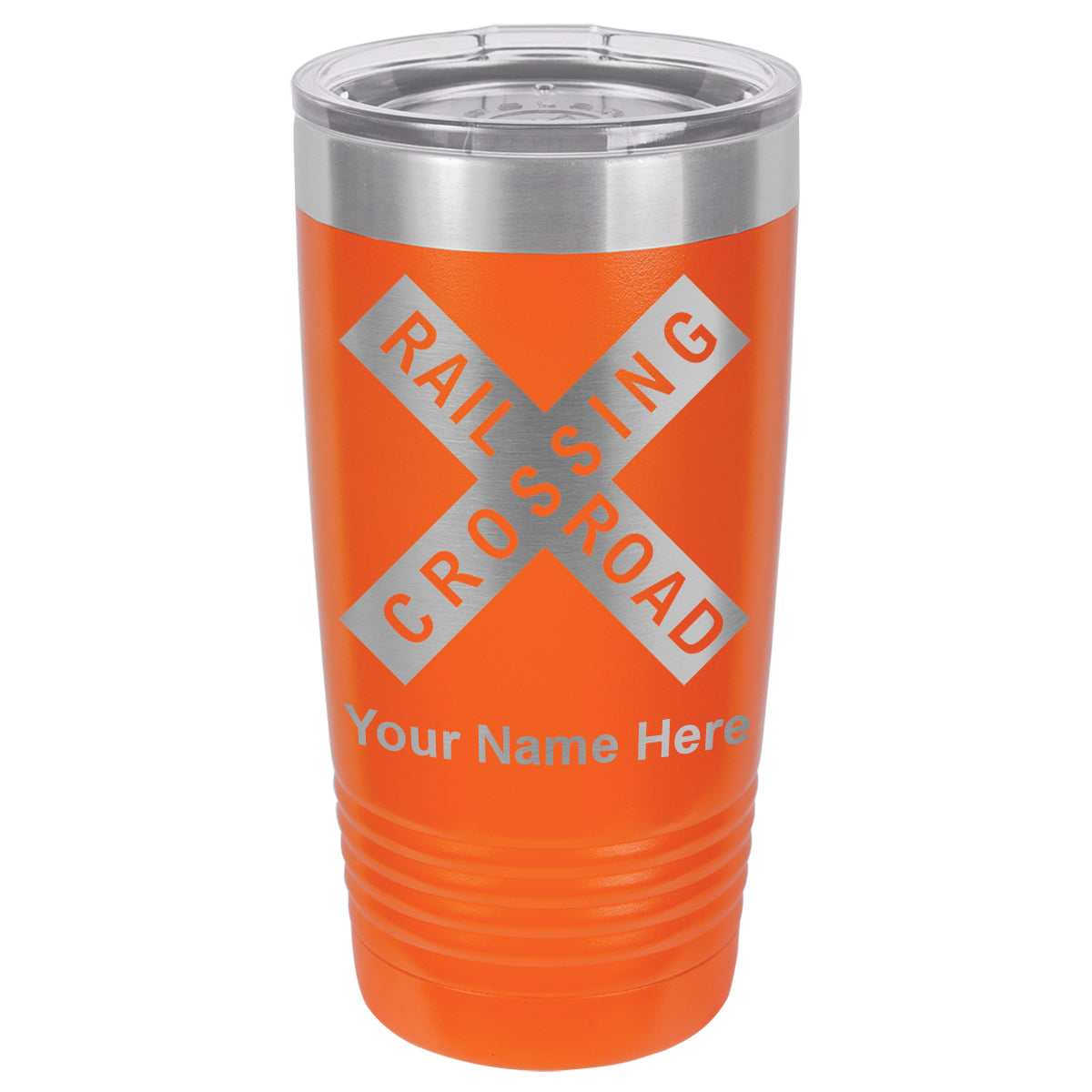 20oz Vacuum Insulated Tumbler Mug, Railroad Crossing Sign 1, Personalized Engraving Included