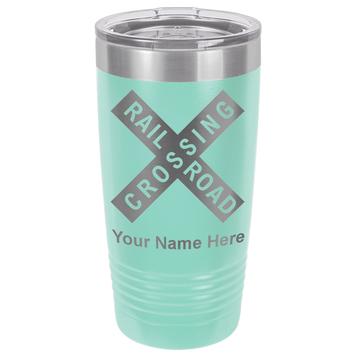 20oz Vacuum Insulated Tumbler Mug, Railroad Crossing Sign 1, Personalized Engraving Included