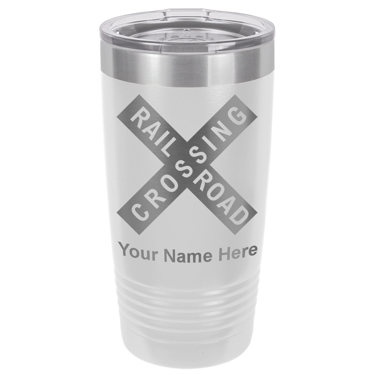 20oz Vacuum Insulated Tumbler Mug, Railroad Crossing Sign 1, Personalized Engraving Included