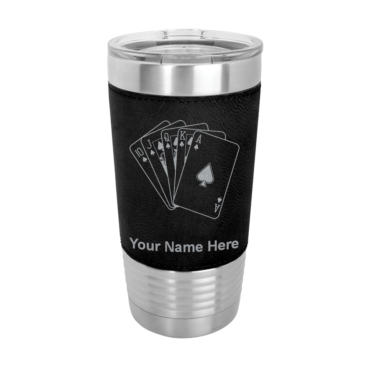 20oz Faux Leather Tumbler Mug, Royal Flush Poker Cards, Personalized Engraving Included - LaserGram Custom Engraved Gifts