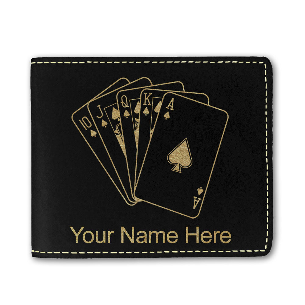 Faux Leather Bi-Fold Wallet, Royal Flush Poker Cards, Personalized Engraving Included