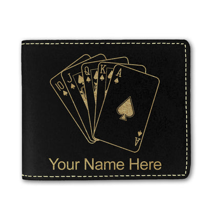 Faux Leather Bi-Fold Wallet, Royal Flush Poker Cards, Personalized Engraving Included