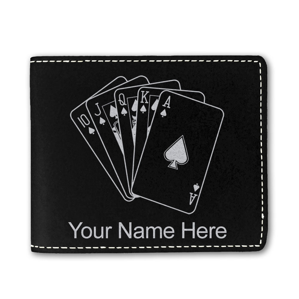 Faux Leather Bi-Fold Wallet, Royal Flush Poker Cards, Personalized Engraving Included
