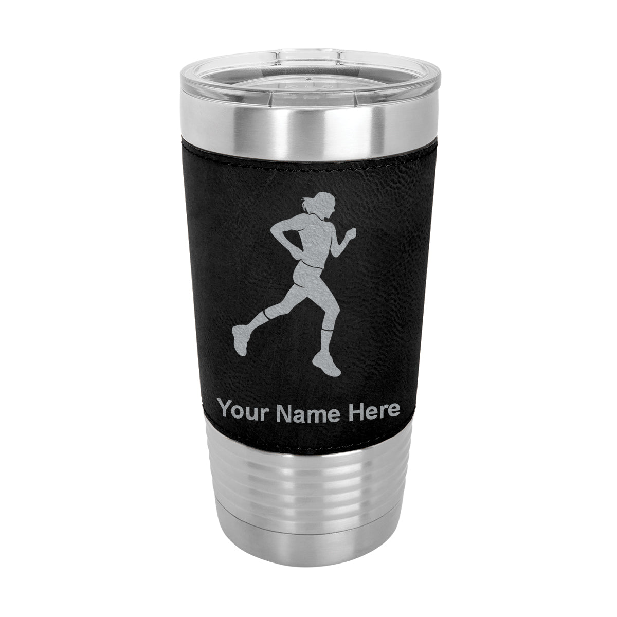 20oz Faux Leather Tumbler Mug, Running Woman, Personalized Engraving Included - LaserGram Custom Engraved Gifts