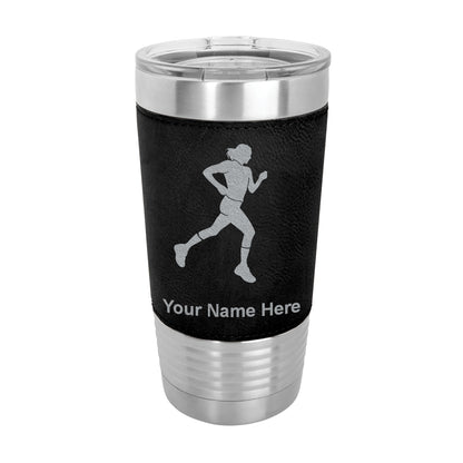 20oz Faux Leather Tumbler Mug, Running Woman, Personalized Engraving Included - LaserGram Custom Engraved Gifts
