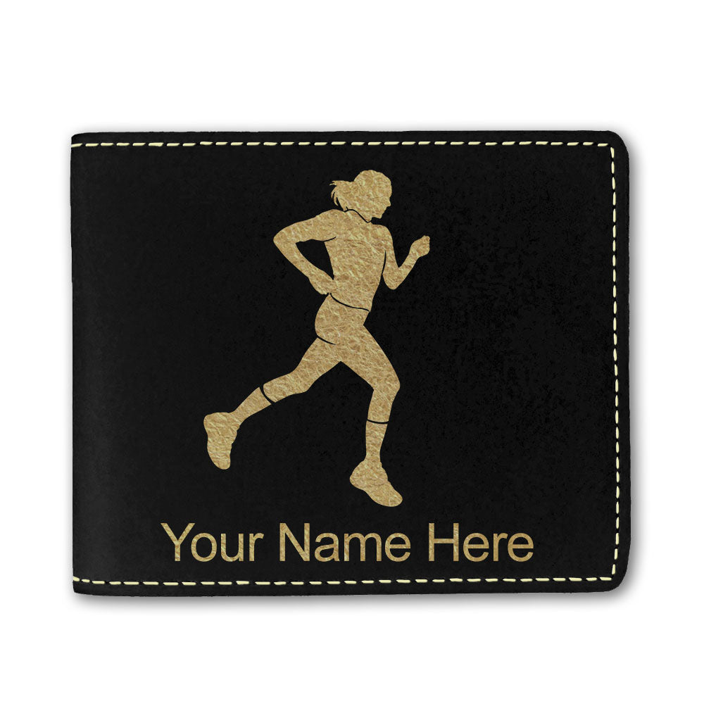 Faux Leather Bi-Fold Wallet, Running Woman, Personalized Engraving Included