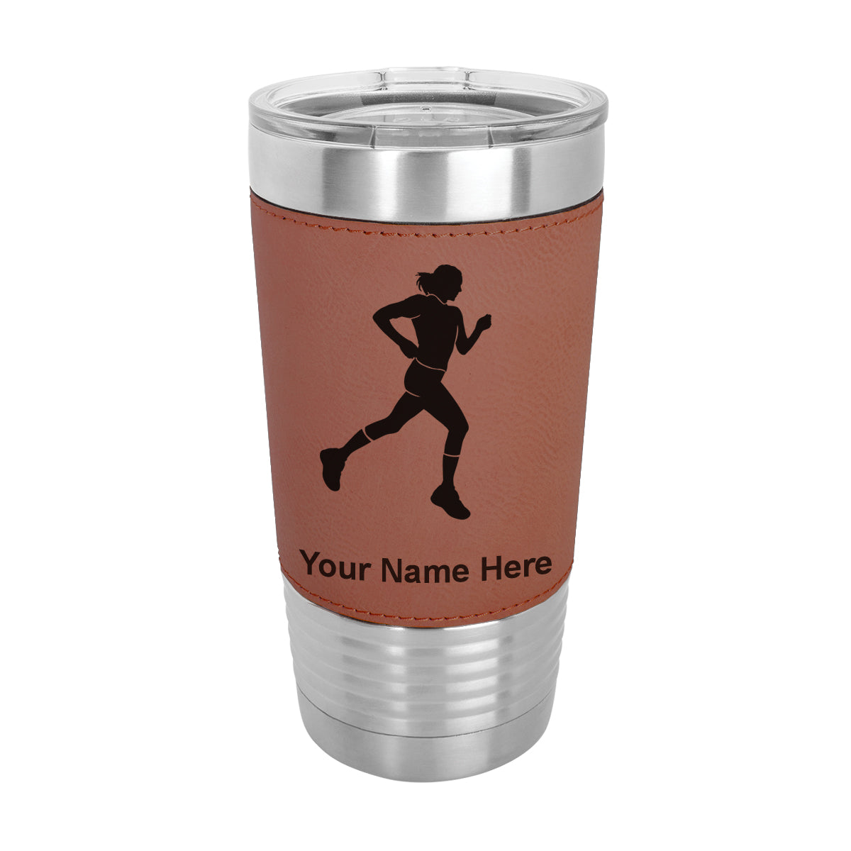 20oz Faux Leather Tumbler Mug, Running Woman, Personalized Engraving Included - LaserGram Custom Engraved Gifts