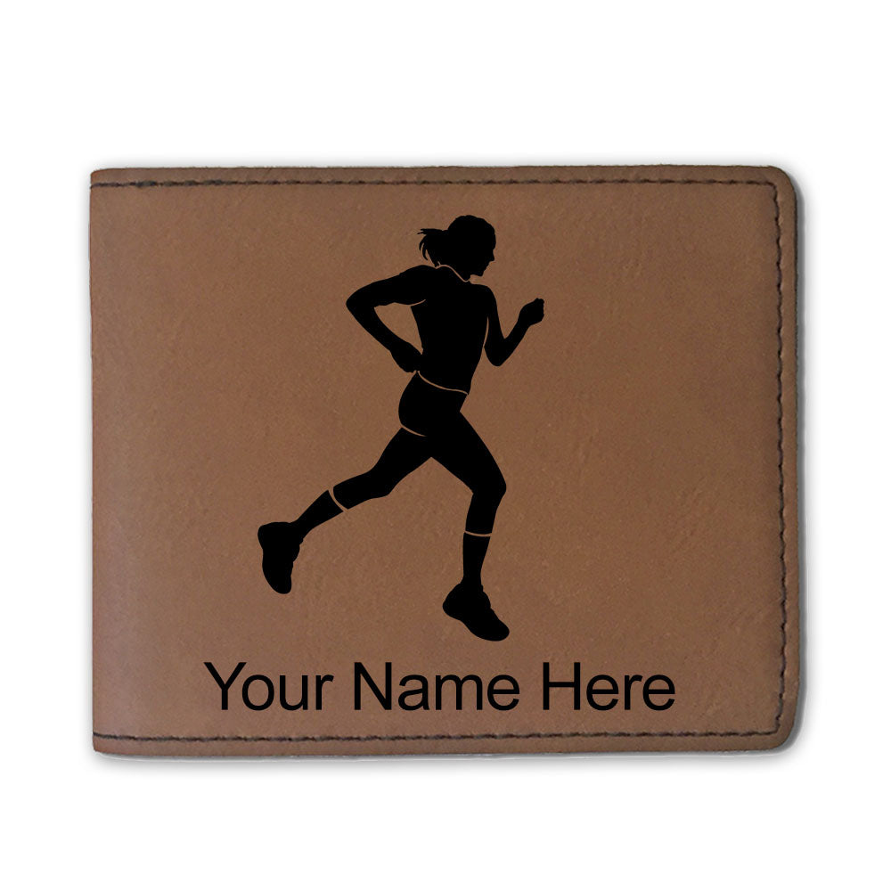 Faux Leather Bi-Fold Wallet, Running Woman, Personalized Engraving Included