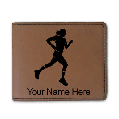 Faux Leather Bi-Fold Wallet, Running Woman, Personalized Engraving Included