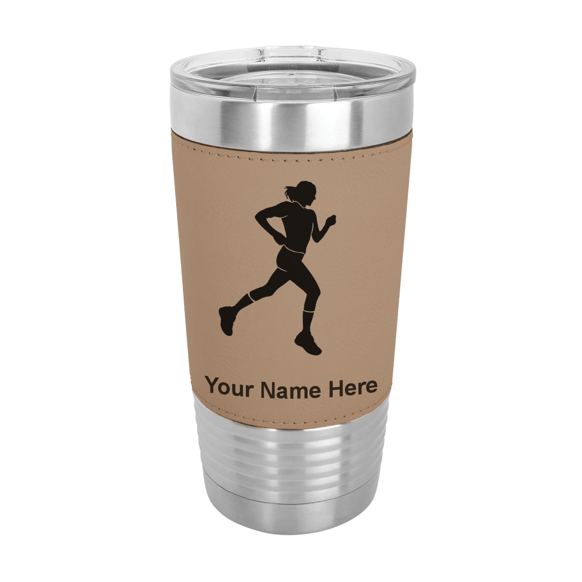 20oz Faux Leather Tumbler Mug, Running Woman, Personalized Engraving Included - LaserGram Custom Engraved Gifts