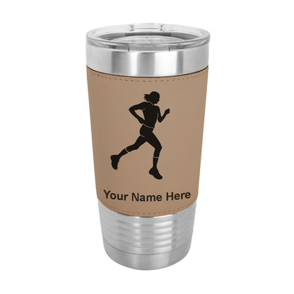 20oz Faux Leather Tumbler Mug, Running Woman, Personalized Engraving Included - LaserGram Custom Engraved Gifts