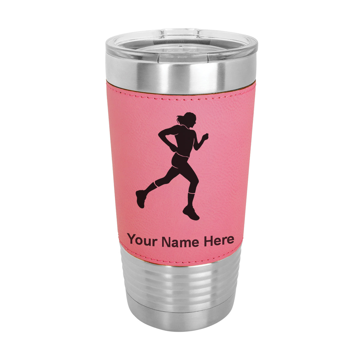 20oz Faux Leather Tumbler Mug, Running Woman, Personalized Engraving Included - LaserGram Custom Engraved Gifts