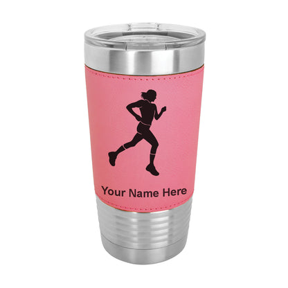20oz Faux Leather Tumbler Mug, Running Woman, Personalized Engraving Included - LaserGram Custom Engraved Gifts