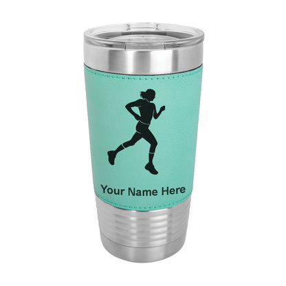 20oz Faux Leather Tumbler Mug, Running Woman, Personalized Engraving Included - LaserGram Custom Engraved Gifts