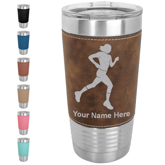 20oz Faux Leather Tumbler Mug, Running Woman, Personalized Engraving Included - LaserGram Custom Engraved Gifts