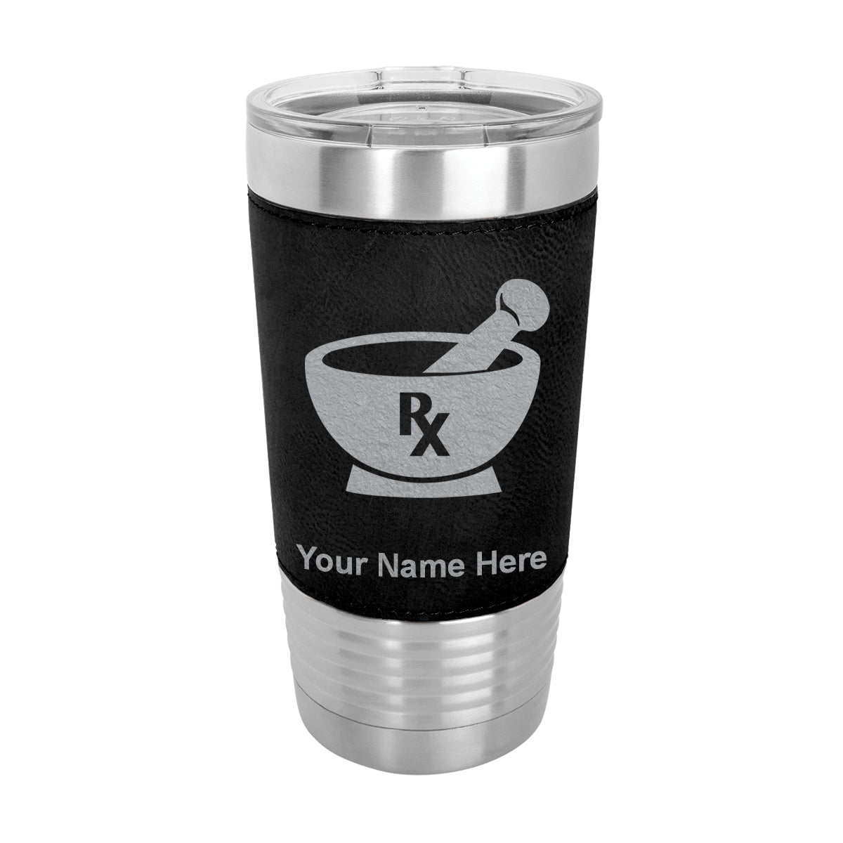20oz Faux Leather Tumbler Mug, Rx Pharmacy Symbol, Personalized Engraving Included - LaserGram Custom Engraved Gifts