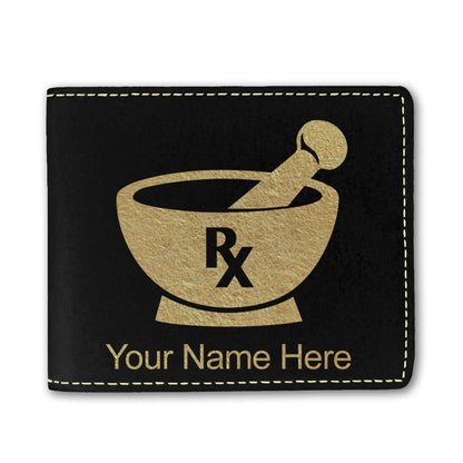 Faux Leather Bi-Fold Wallet, Rx Pharmacy Symbol, Personalized Engraving Included