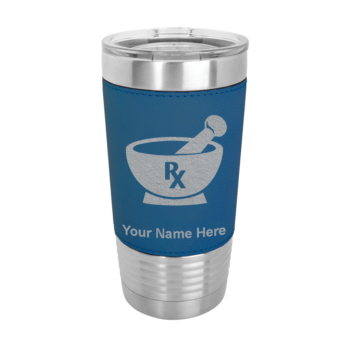 20oz Faux Leather Tumbler Mug, Rx Pharmacy Symbol, Personalized Engraving Included - LaserGram Custom Engraved Gifts