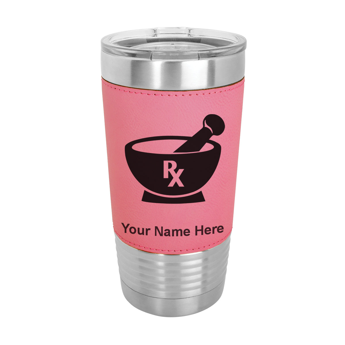 20oz Faux Leather Tumbler Mug, Rx Pharmacy Symbol, Personalized Engraving Included - LaserGram Custom Engraved Gifts