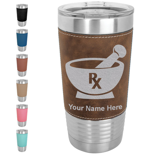 20oz Faux Leather Tumbler Mug, Rx Pharmacy Symbol, Personalized Engraving Included - LaserGram Custom Engraved Gifts