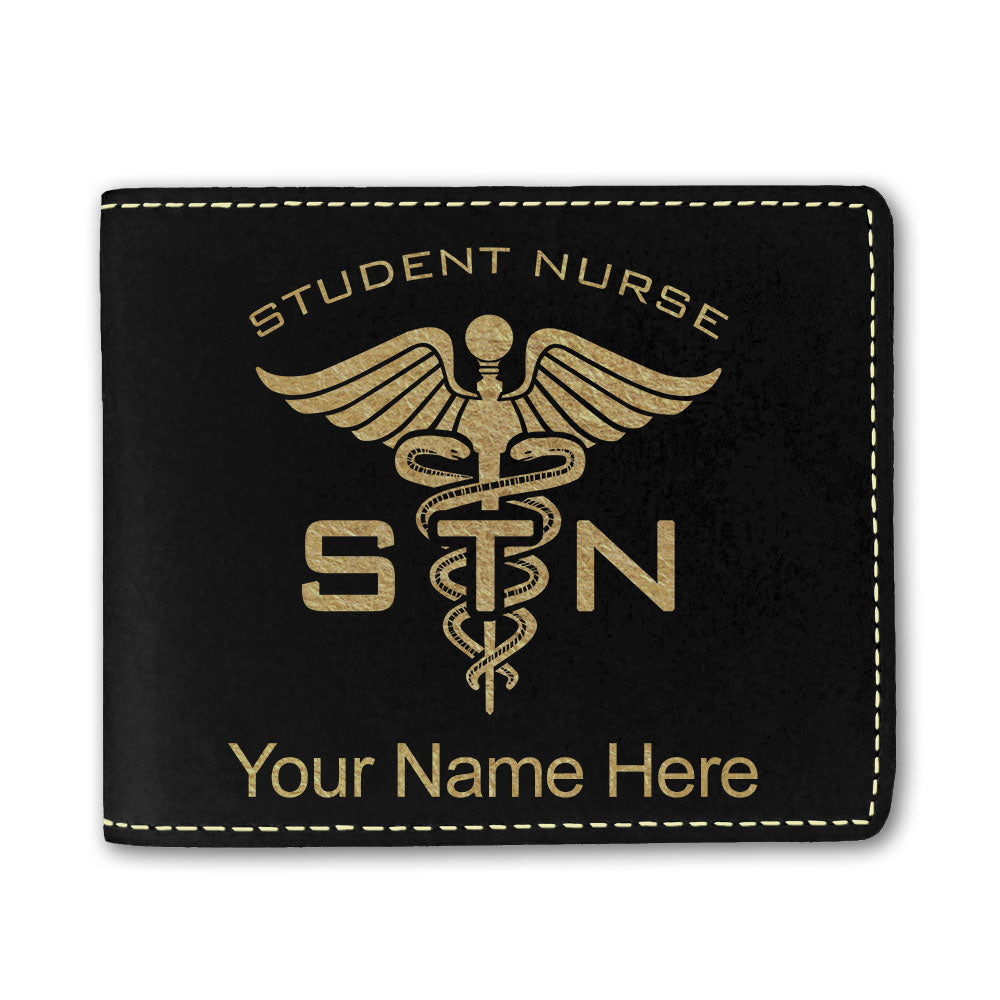Faux Leather Bi-Fold Wallet, STN Student Nurse, Personalized Engraving Included