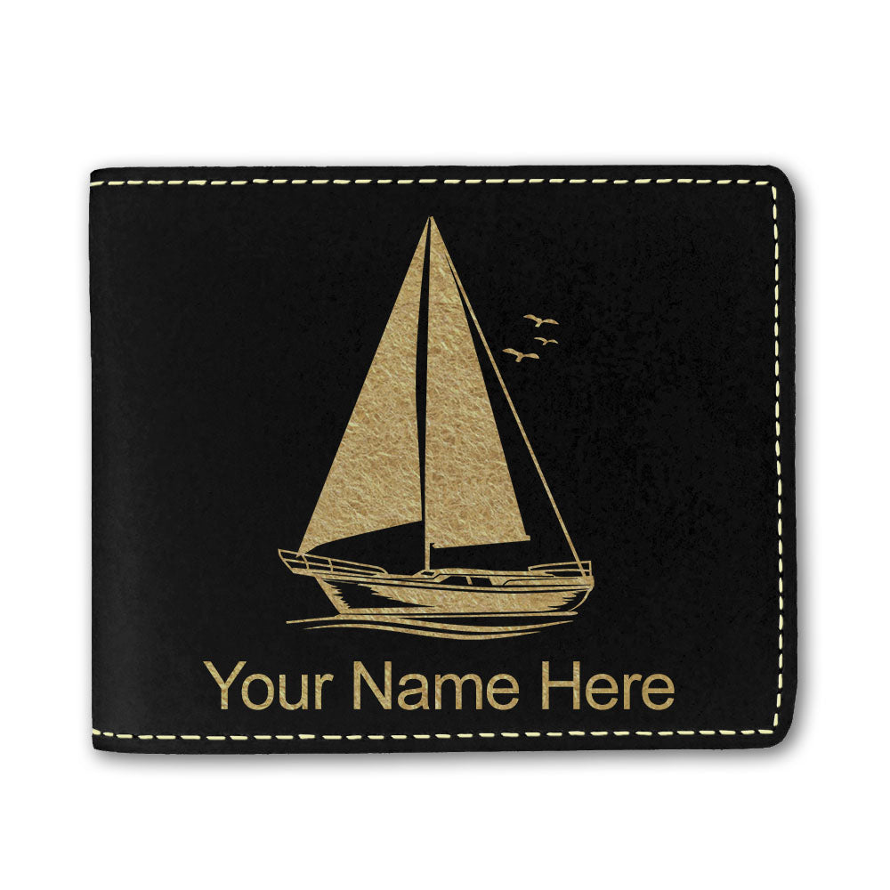 Faux Leather Bi-Fold Wallet, Sailboat, Personalized Engraving Included