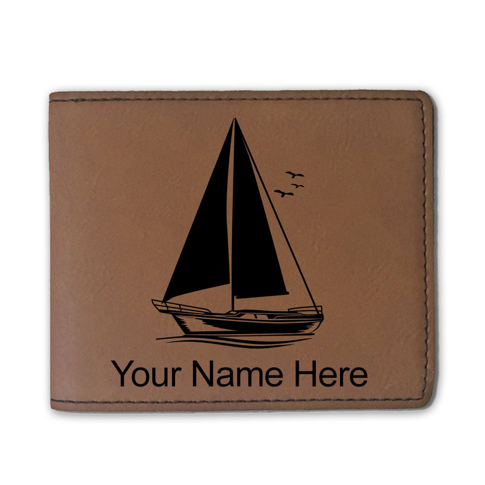 Faux Leather Bi-Fold Wallet, Sailboat, Personalized Engraving Included
