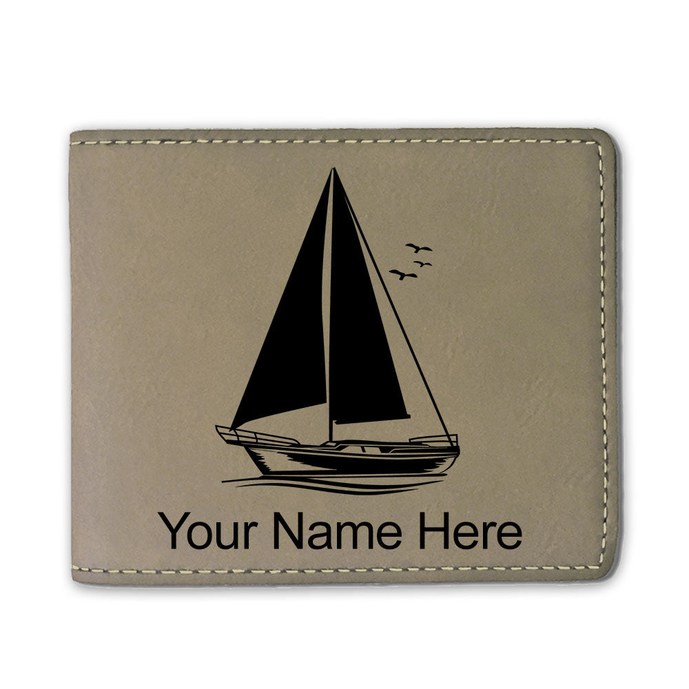 Faux Leather Bi-Fold Wallet, Sailboat, Personalized Engraving Included