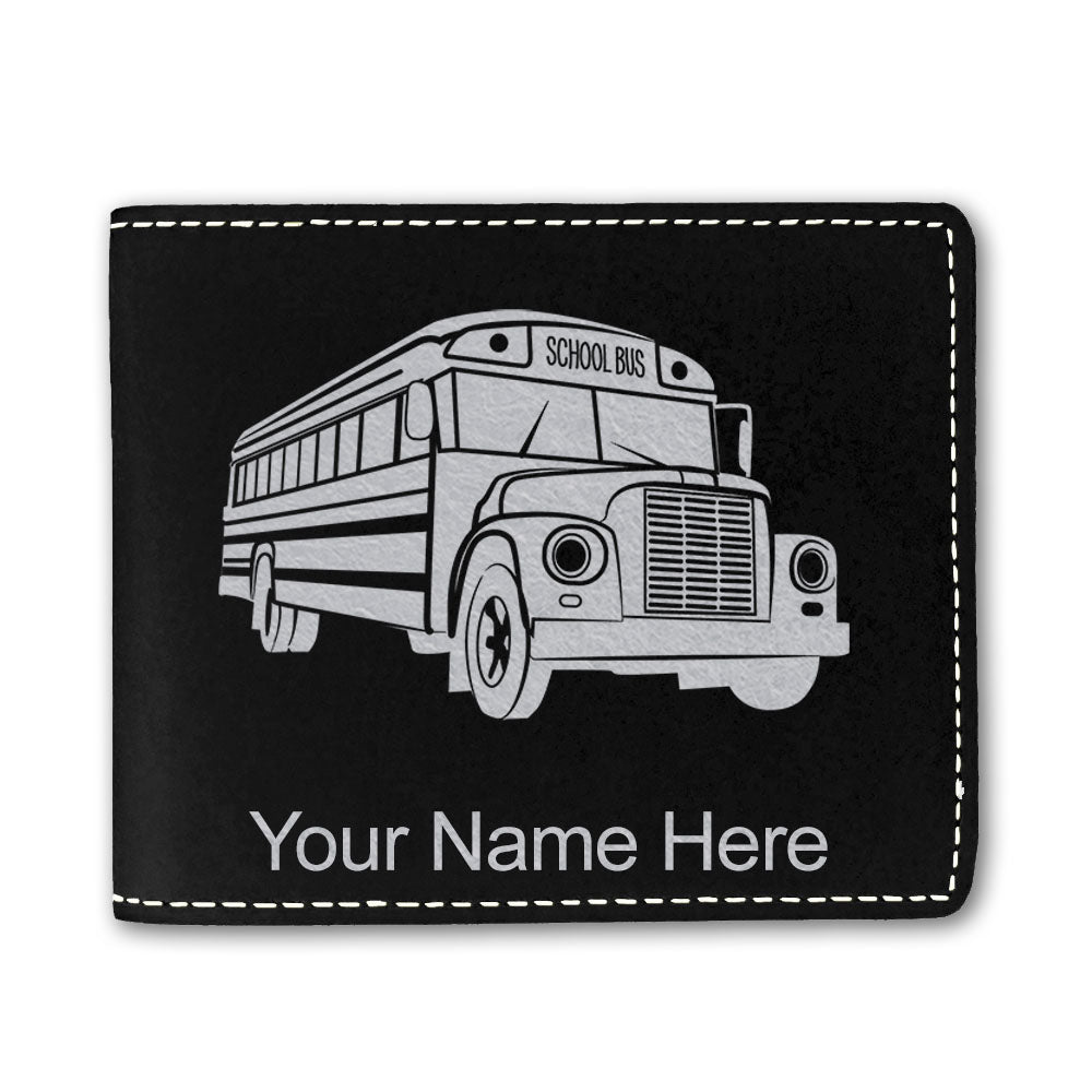 Faux Leather Bi-Fold Wallet, School Bus, Personalized Engraving Included