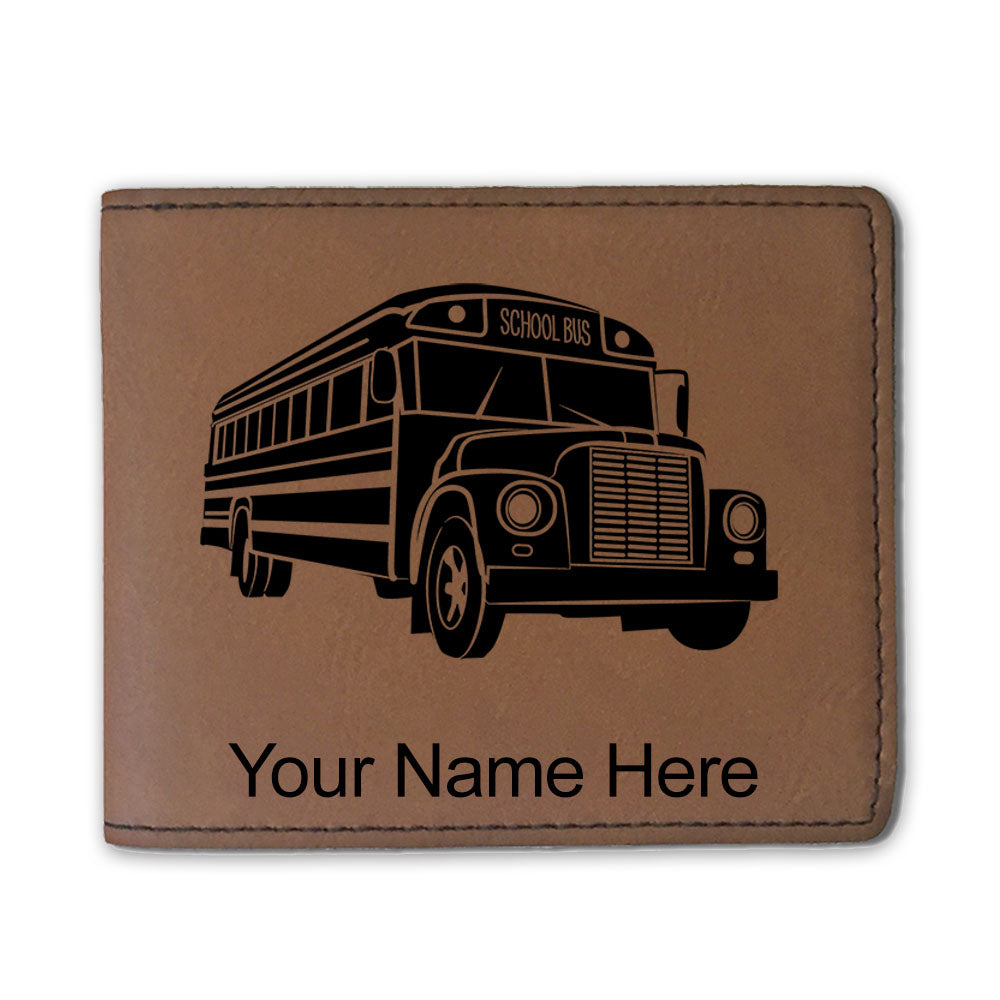 Faux Leather Bi-Fold Wallet, School Bus, Personalized Engraving Included