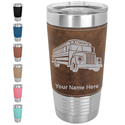 20oz Faux Leather Tumbler Mug, School Bus, Personalized Engraving Included - LaserGram Custom Engraved Gifts