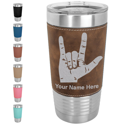 20oz Faux Leather Tumbler Mug, Sign Language I Love You, Personalized Engraving Included - LaserGram Custom Engraved Gifts