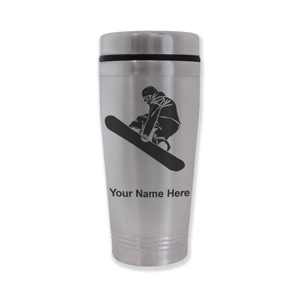 Commuter Travel Mug, Snowboarder Man, Personalized Engraving Included