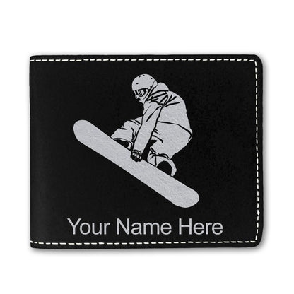 Faux Leather Bi-Fold Wallet, Snowboarder Man, Personalized Engraving Included