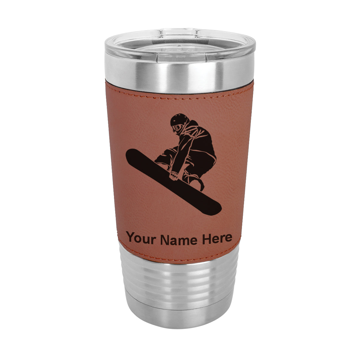 20oz Faux Leather Tumbler Mug, Snowboarder Man, Personalized Engraving Included - LaserGram Custom Engraved Gifts
