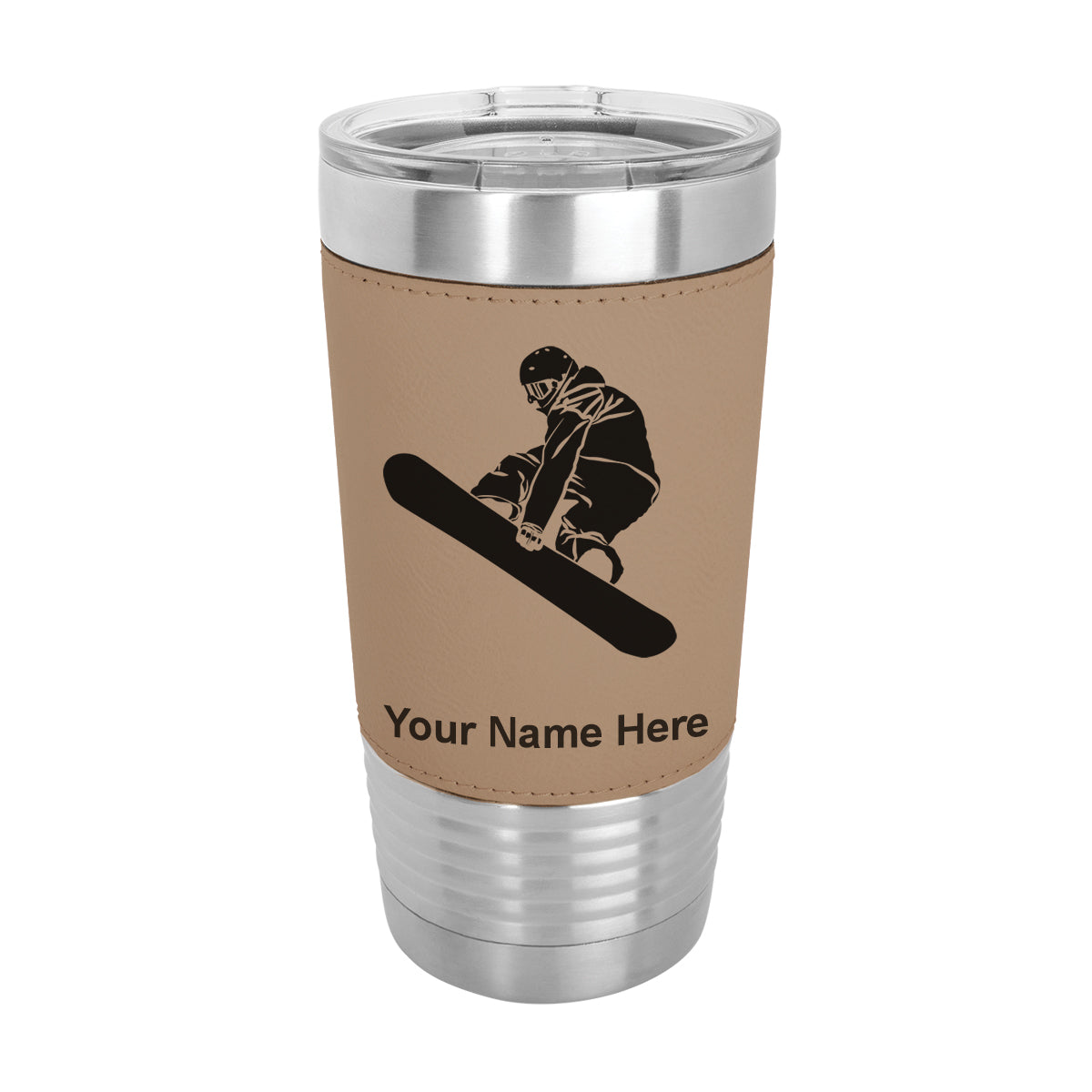 20oz Faux Leather Tumbler Mug, Snowboarder Man, Personalized Engraving Included - LaserGram Custom Engraved Gifts