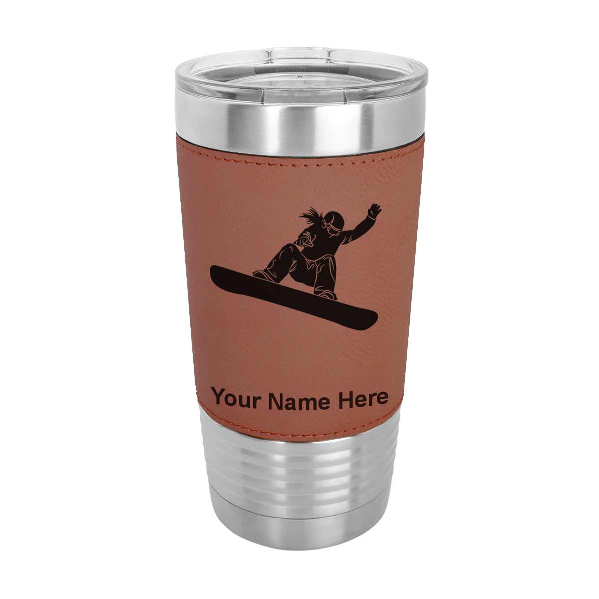 20oz Faux Leather Tumbler Mug, Snowboarder Woman, Personalized Engraving Included - LaserGram Custom Engraved Gifts
