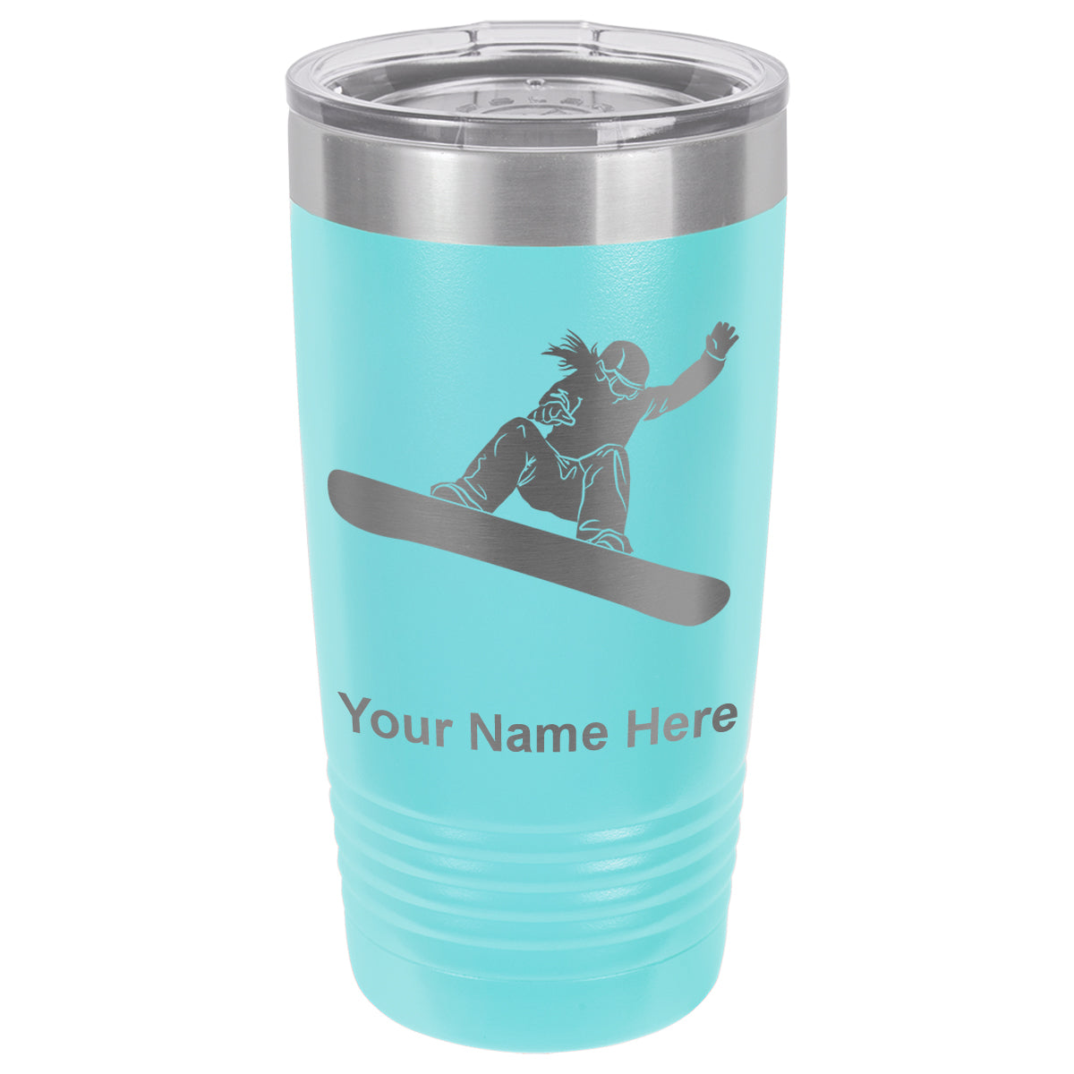 20oz Vacuum Insulated Tumbler Mug, Snowboarder Woman, Personalized Engraving Included