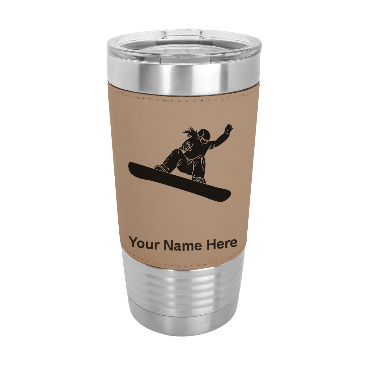 20oz Faux Leather Tumbler Mug, Snowboarder Woman, Personalized Engraving Included - LaserGram Custom Engraved Gifts
