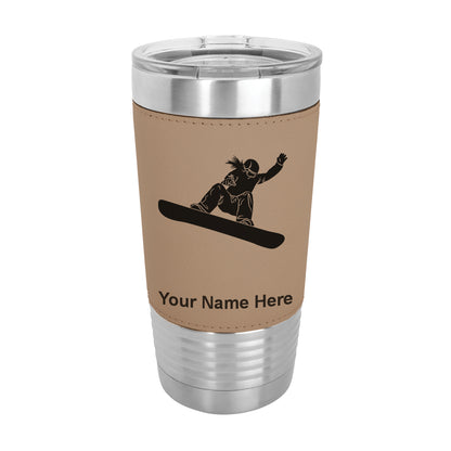 20oz Faux Leather Tumbler Mug, Snowboarder Woman, Personalized Engraving Included - LaserGram Custom Engraved Gifts
