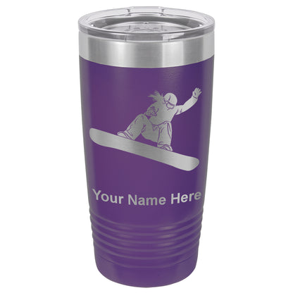 20oz Vacuum Insulated Tumbler Mug, Snowboarder Woman, Personalized Engraving Included