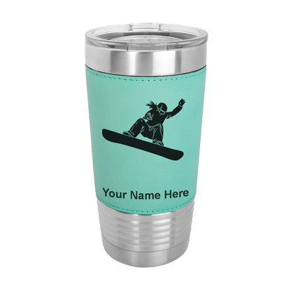 20oz Faux Leather Tumbler Mug, Snowboarder Woman, Personalized Engraving Included - LaserGram Custom Engraved Gifts