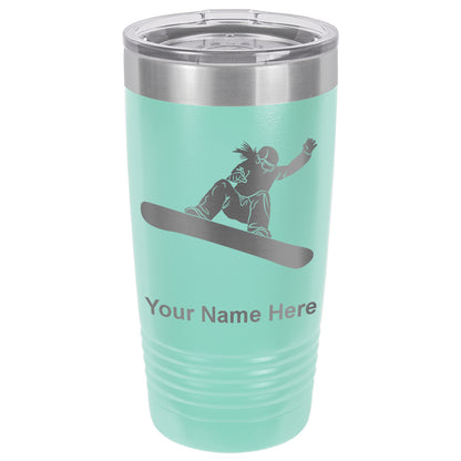 20oz Vacuum Insulated Tumbler Mug, Snowboarder Woman, Personalized Engraving Included