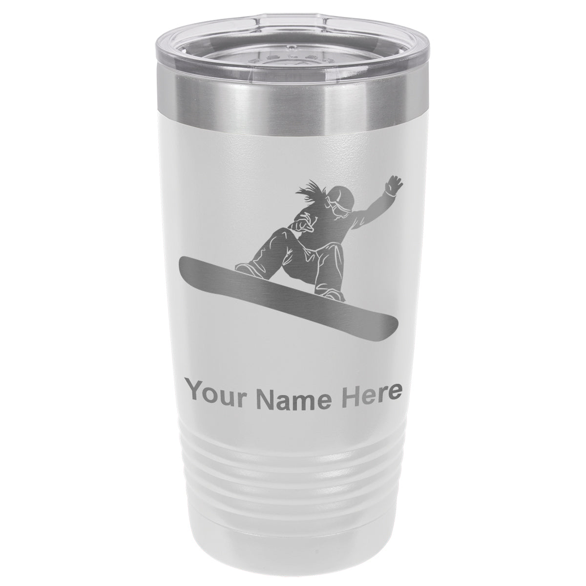 20oz Vacuum Insulated Tumbler Mug, Snowboarder Woman, Personalized Engraving Included