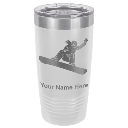 20oz Vacuum Insulated Tumbler Mug, Snowboarder Woman, Personalized Engraving Included