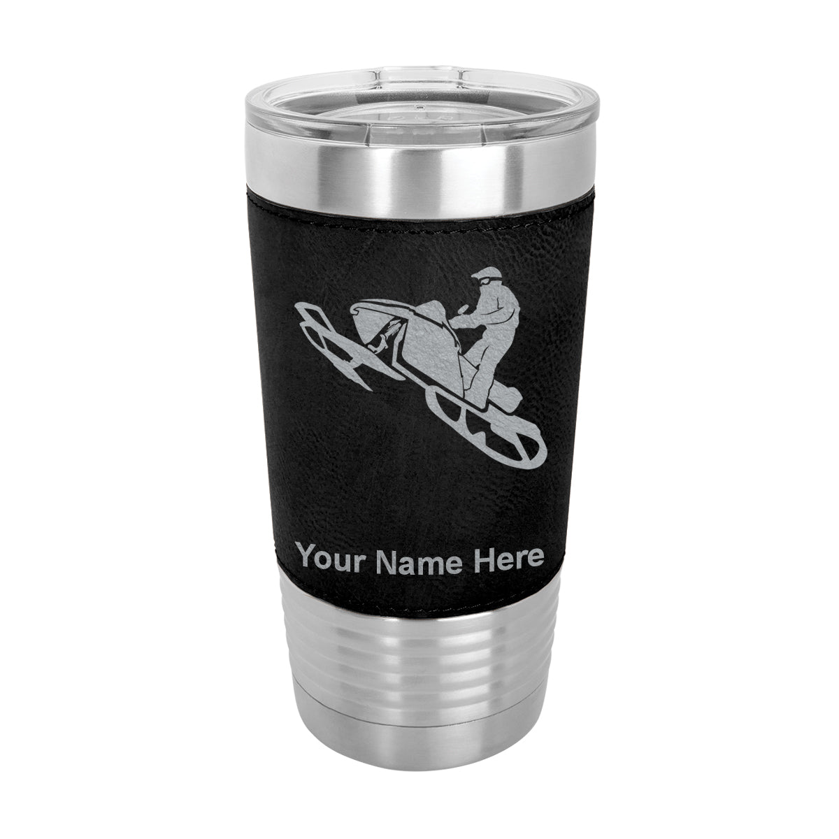 20oz Faux Leather Tumbler Mug, Snowmobile, Personalized Engraving Included - LaserGram Custom Engraved Gifts