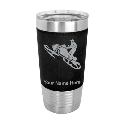20oz Faux Leather Tumbler Mug, Snowmobile, Personalized Engraving Included - LaserGram Custom Engraved Gifts