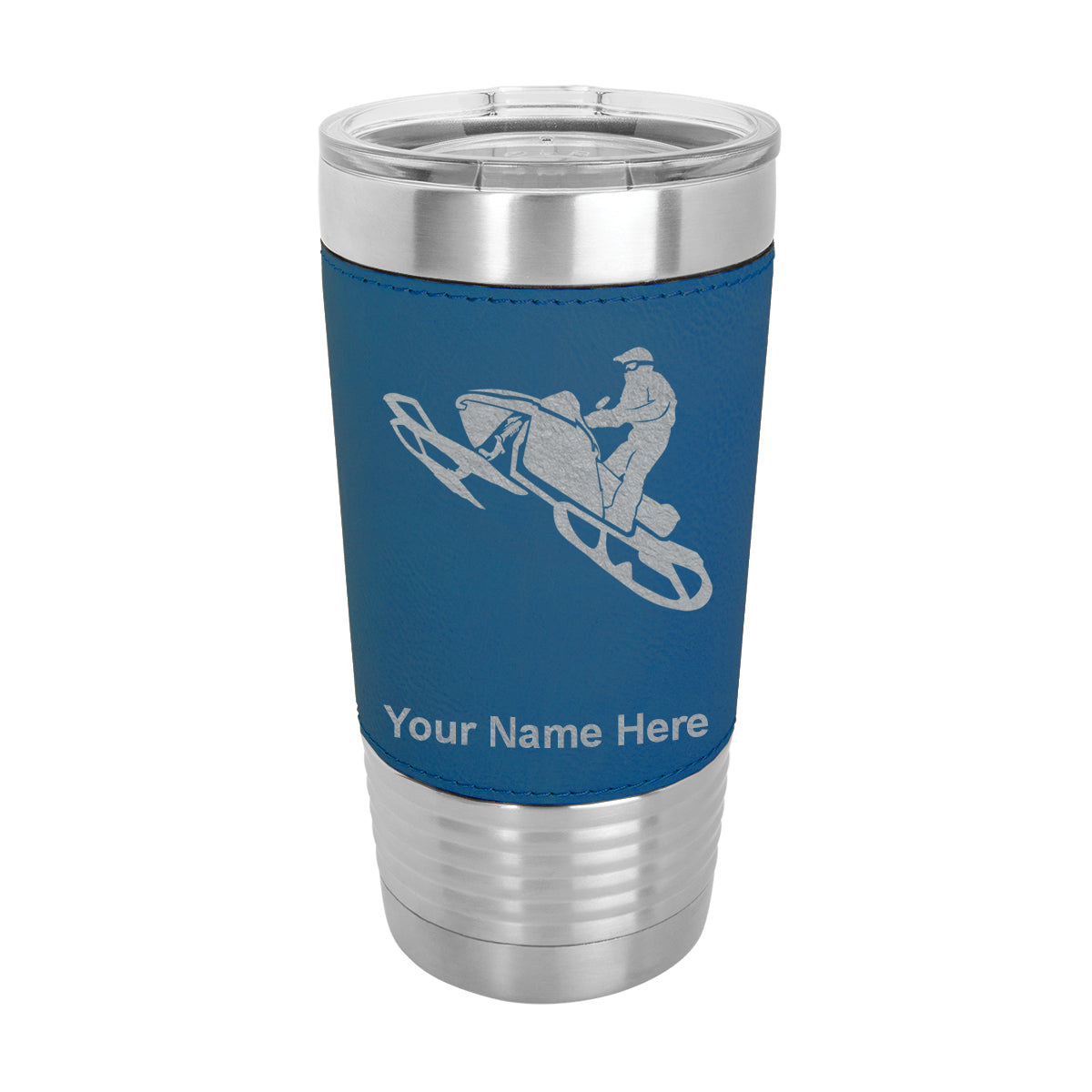 20oz Faux Leather Tumbler Mug, Snowmobile, Personalized Engraving Included - LaserGram Custom Engraved Gifts